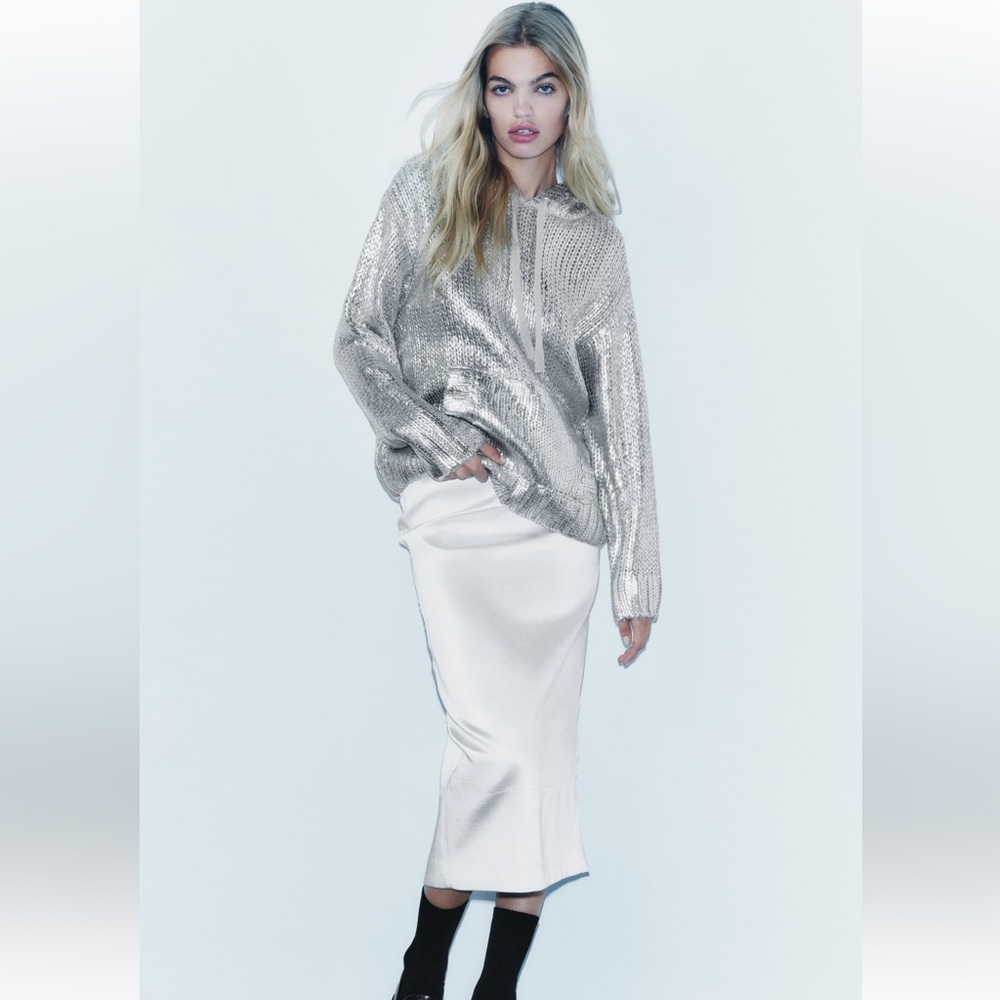 ZARA FOIL HOODED KNIT SWEATSHIRT
